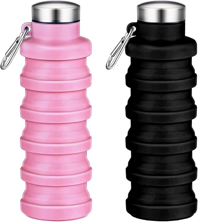Collapsible Water Bottles,16oz Capacity Portable Reusable Silicone Water Bottle,Leak-proof,with buckle,foldable storage,Lightweight Durable for Fitness,Cycling,Sports,Camping,Hiking(Pink+Black) by Unknown