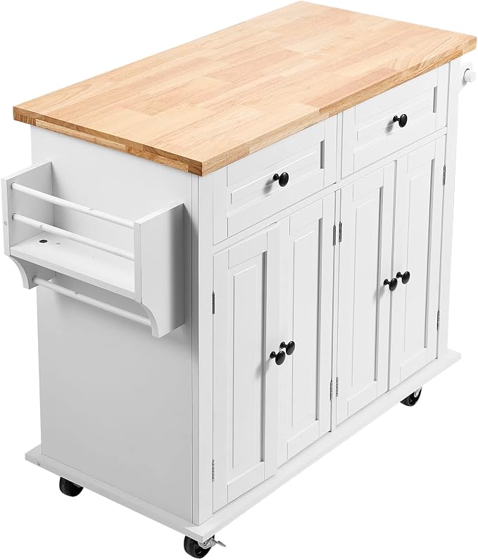 VEVOR Kitchen Island Cart with Solid Wood Top, 35.4" Width Mobile Carts with Storage Cabinet, Rolling Kitchen Table with Spice Rack, Towel Rack, and Drawer, Portable Islands on Wheels, White | Rolling Table with Storage Cabinet, Spice/Towel Rack, Drawe... - Image 9