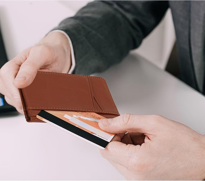 Unaone Slim Minimalist Wallet - Premium Leather Card Holder RFID Blocking Card Case with 8 Card Slots and 2 ID Window, Crackle Brown - Image 7