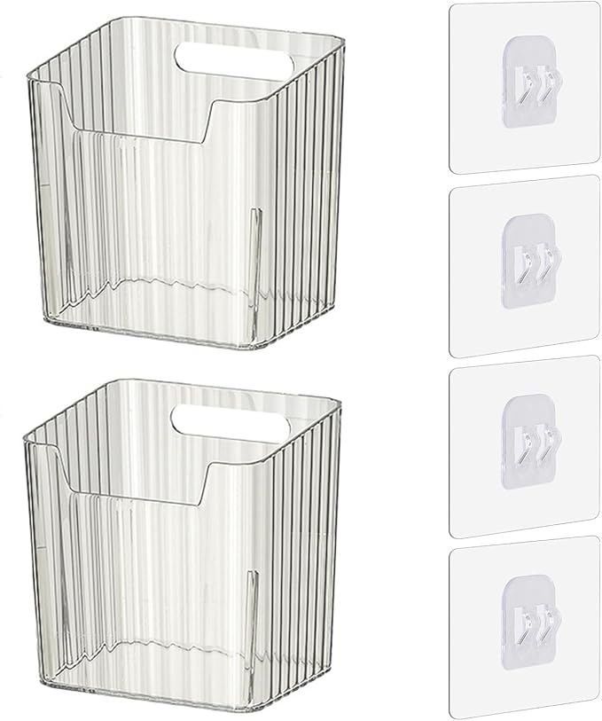Lae Nuvole 2 Pack Adhesive Wall Storage Bins, Cabinet Door Organizer, Clear | 4 Adhesive Pads, No Drill, Renter Friendly, BPA-Free PET, Stackable; for Fridge, Kitchen, Bathroom, Countertops, Pantry by LaeNuvole