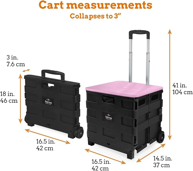 Inspired Living Collapsible Ultra-Slim Pack-N-Roll,2 Wheel Utility Cart w/Lid Used as Seat up to 250 Lbs, Telescopic Handle, Super Strong, for Home,Garden,Shopping,Office,School, Large, Pink & Black - Image 5