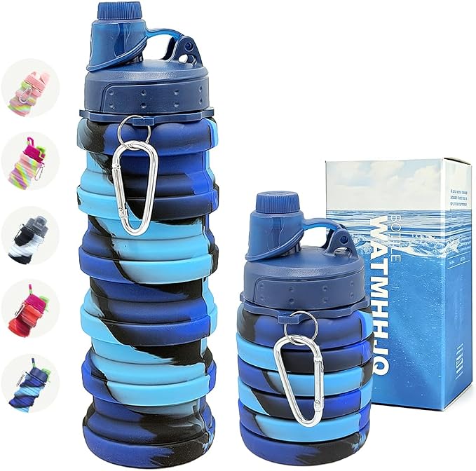 Silicone Collapsible Water Bottles, 16oz(500ml) Portable Foldable Expandable Water Bottle Sports Cups, Leak Proof Reusable BPA Free, for Outdoor Activities (Blue-A) by WATMHHJQ