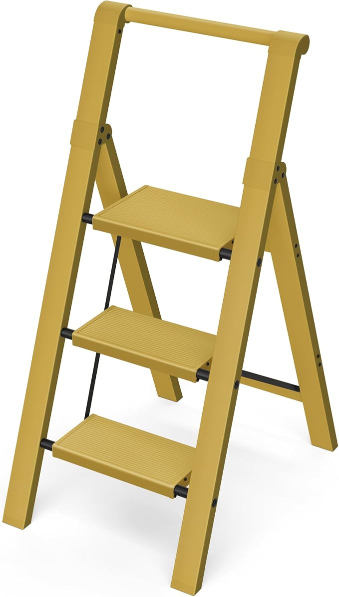 Taranta 3 Step Ladder,Aluminum Step Stool Foldable-Twilight Yellow | Lightweight Folding Ladder with Handgrip,Wide Top Pedal,330lbs Capacity Stepladder for Home,Office,Kitchen by TARANTA