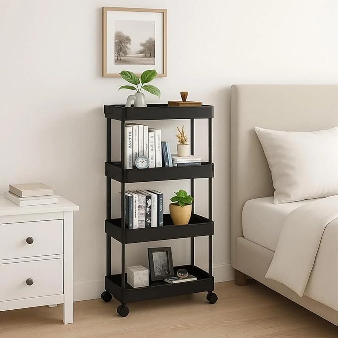 ShellKingdom 4 Tier Bathroom Storage Organizer, Slim Rolling Storage Cart for Narrow Space, Mobile Shelving Unit with Lockable Wheels and Hooks for Bathroom, Kitchen, Laundry Movable Shelf (Black) - Image 5