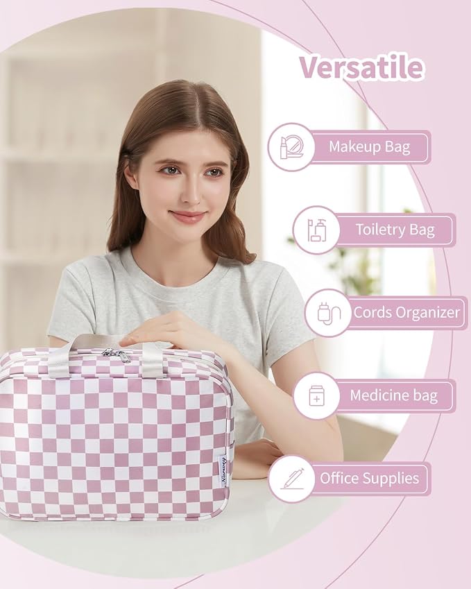 Narwey Large Checkered Travel Toiletry Bag Women Toiletries Bag Pink Makeup Bag Organizer Make up bag Cosmetic Bag Medicine Bag for Girls (Dusty Rose Checkerboard, Large) - Image 7