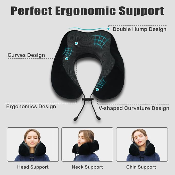 Travel Pillow, Memory Foam Neck Pillow for Traveling, U Shape Neck Pillow Airplane Portable Flight Pillow Travel Kit with 5D Contoured Eye Masks and Earplug for Plane Train Car Home Office - Image 4