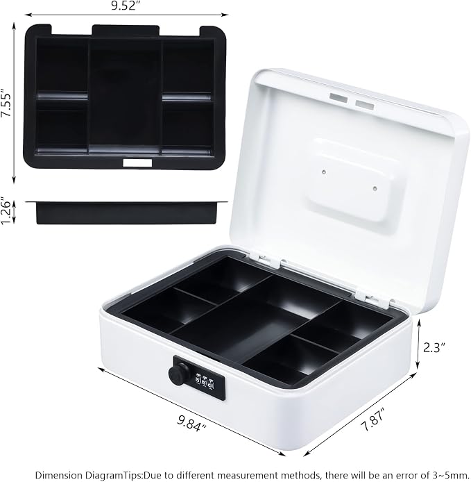 KYODOLED Large Cash Box with Combination Lock,Safe Metal Box for Money, Storage Lock Box with Money Tray,9.84"x 7.87"x 3.54" White Large - Image 5