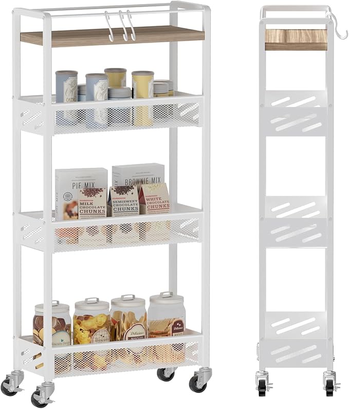 DGSNADGO Slim Rolling Storage Cart, 4-Tier Narrow Kitchen Cart with Wheels | Metal Mobile Snack Shelving, Skinny Rolling Spice Rack for Small Space in Kitchen, Living Room, Bathroom, Beige and White by DGSANDGPuttheCustomerFirst