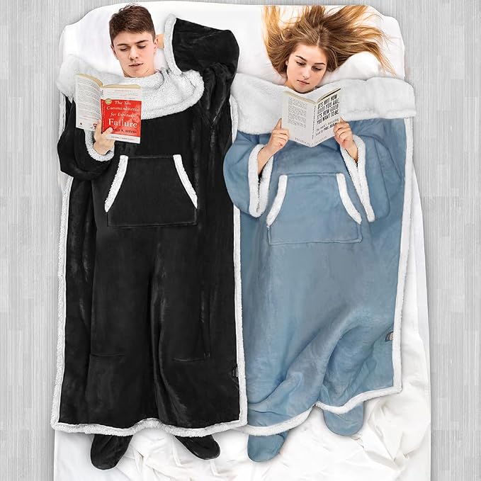PAVILIA Sherpa Blanket with Sleeves, Foot Pocket for Women Men Adults, Thick Wearable Blanket Throw Wrap, Fleece Warm Snuggle Blanket Robe, Cozy Gift Ideas Wife Mom, Black - Image 5