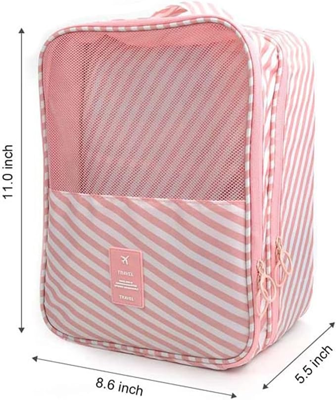 Pink Strip Travel Shoe Bag - Holds 3 Pair of Shoes, Travel Essentials Bag for Flying, Accessories Bag - Image 2