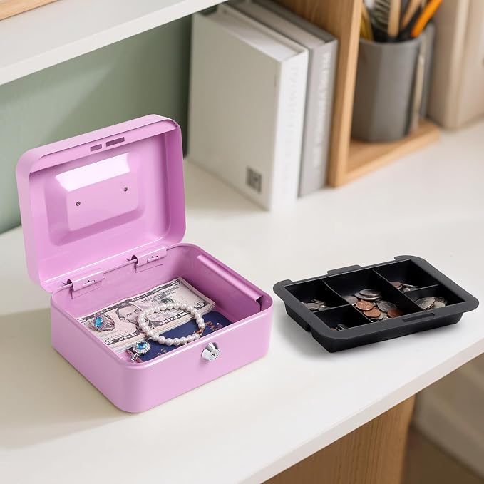 Jssmst Cash Box with Key Lock - Durable Metal Cash Box with Money Tray, Light Purple, Medium - Image 6