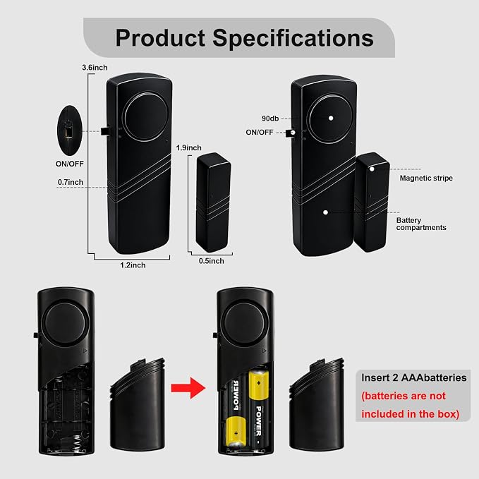 Door Window Alarm - 90dB Loud Home Security Sensor for Kids Safety, Burglar Alert for House, Apartment, Office, Hotel & Pool Window, Black (2 Pack) - Image 2