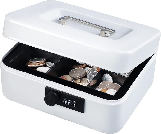 KYODOLED Cash Box with Combination Lock,Safe Metal Box for Money,Storage Lock Box with Money Tray,7.87"x 6.30"x 3.54" White Medium by KYODOLED