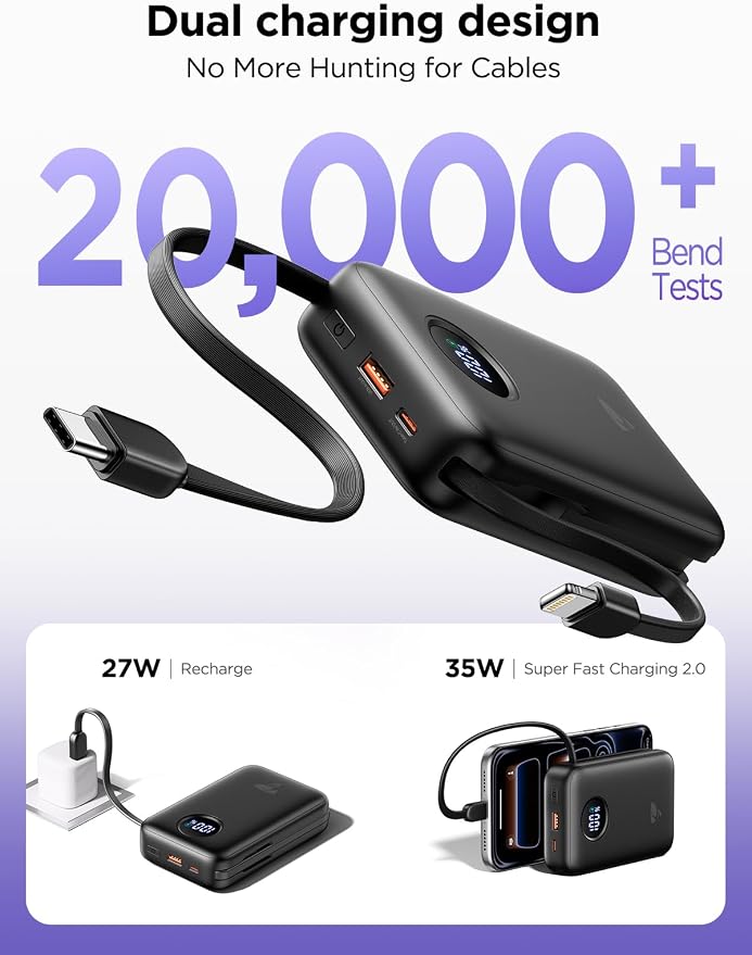 Aioneus Portable Charger, 35W PD Fast Charging Power Bank 20000mAh, Battery Pack with Built in Lightning & USB-C Cables, Powerbank for iPhone 17 16 15 14 iPad Samsung Android Tablet MacBook - Image 7
