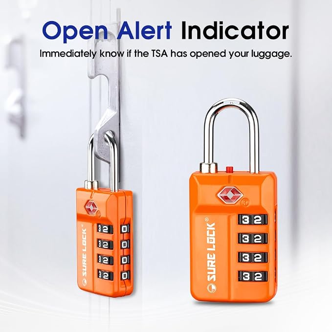 SURE LOCK TSA Approved 4-Digit Resettable Combination Luggage Locks with Open Alert, Easy-Read Dials - for Luggage, School Lockers, Gym, Office, Toolbox & Security Cases (Orange 2 Pack) - Image 4