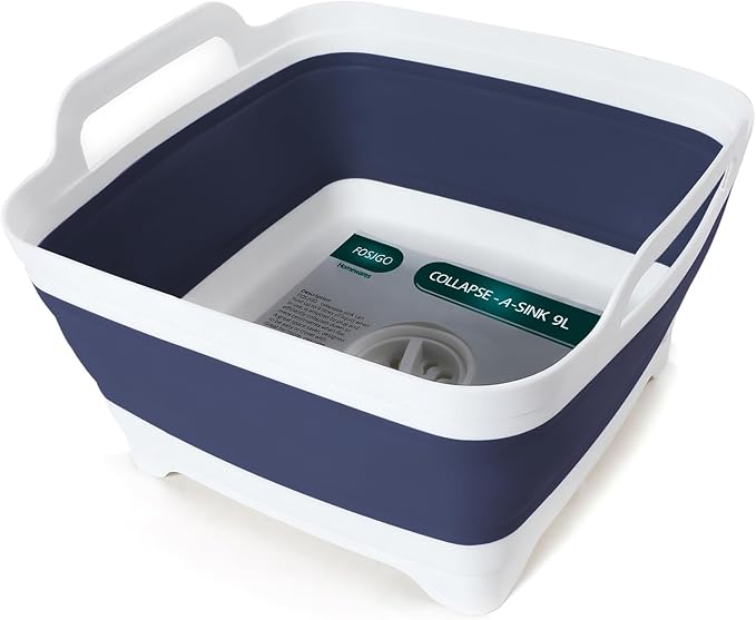 FOSJGO Collapsible Dish Basin with Drain Plug, Foldable Sink, 2.4 Gal (9L) | Space-Saving Wash Basin for Kitchen, Baby Bottles, Vegetable Washing, Camping, RV and Party Beverage Tubs by FOSJGO