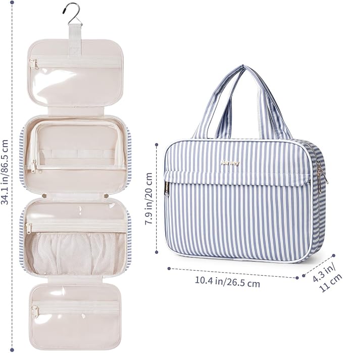 Narwey Striped Hanging Toiletry Bag for Women Travel Makeup Bag Cosmetic Make Up Organizer Toiletries Bag for Travel Essentials Accessories (Greyish Blue Stripe, Medium) - Image 5