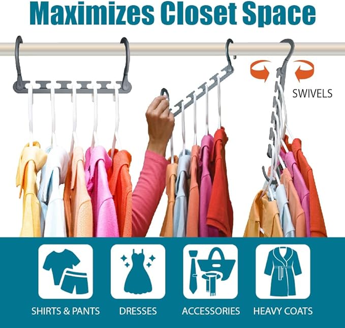 Max Space Saving Closet Hangers, 10-Pack, 360° Swivel, Grey | Cascading closet hangers organize shirts, pants and accessories vertically to save space; foldable 360° swivel design - Image 3