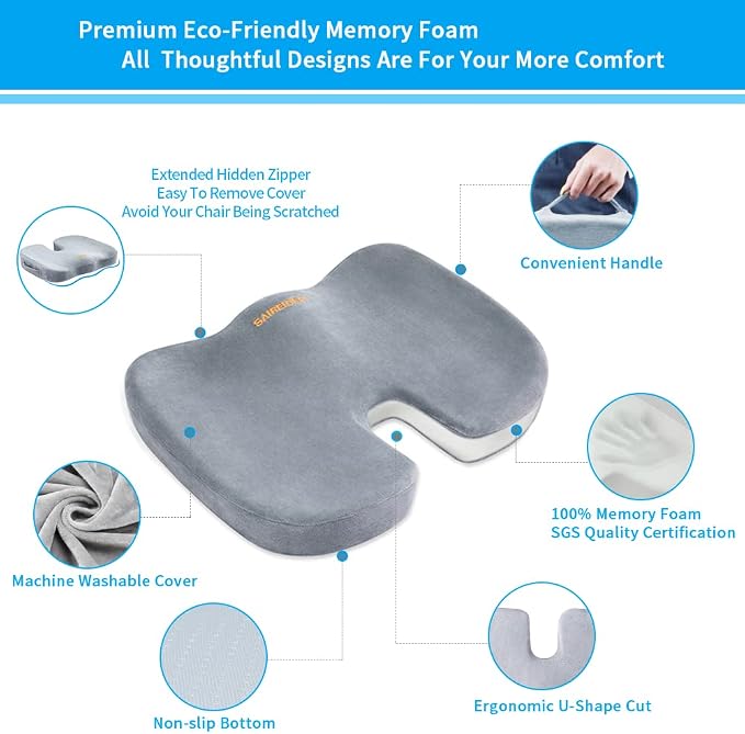 SAIREIDER Seat Cushions for Office Chairs, Memory Foam Coccyx Cushion Pads for Tailbone Pain, Sciatica Relief Pillow, Car Seat Cushion, Correct Sitting Posture (Grey) - Image 3