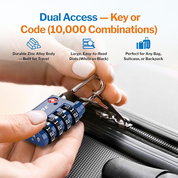 Forge Dual-Opening: Key or Combination Lock, TSA Approved Lock for Luggage, Pelican case, Travel, Gym, School, Luggage Combination Lock, Travel Bag Lock (Blue 2 Pk) - Image 7
