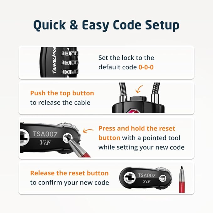 TSA Approved Luggage Locks, Travel Combination Cable Locks | TSA Accepted, Easy to Use, Durable, Flexible Steel Cable, Zinc Alloy Body, for Suitcases, Backpacks, Zippers, 4-Pack, Black - Image 8