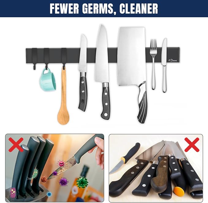 Dmore magnetic knife holder for wall—with 3 hooks, No Drilling, 16 Inch | Black knife magnetic strip, Powerful knife magnet rack, include Adhesive Tape and screws for Knives, Utensils, and Tools - Image 8