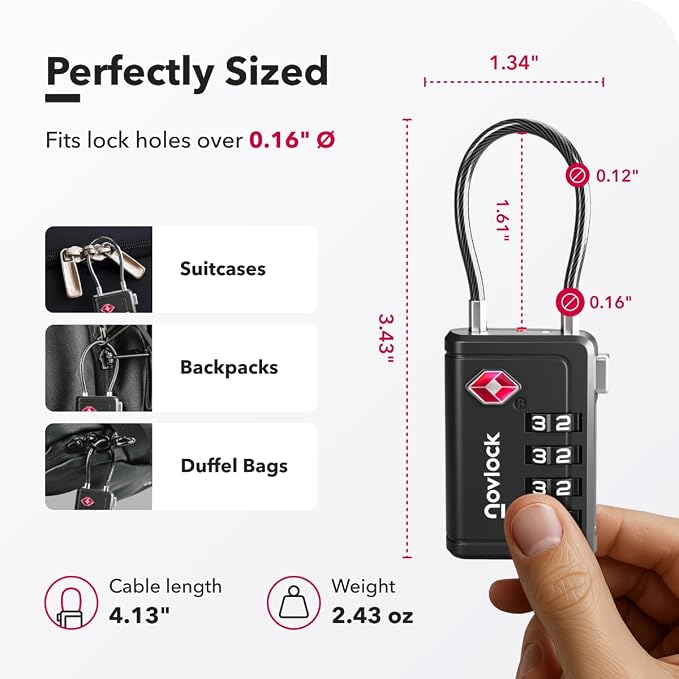 TSA Approved Luggage Locks, Travel Locks with Inspection Indicator | TSA008, Easy to Read Dials, 4 Digit Combination, Flexible Steel Cable, for Suitcases, Backpacks, Bags, 4-Pack, Black - Image 2