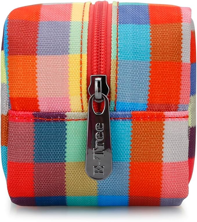 E-Tree Cute Makeup Bag,Travel Make up Pouch for Purse,Zipper Toiletry Cosmetic Brush Skin Care Case for Women Man,Tech Electronic Organizer,Small Canvas Storage for Personal Items,Colorful Checkered - Image 4