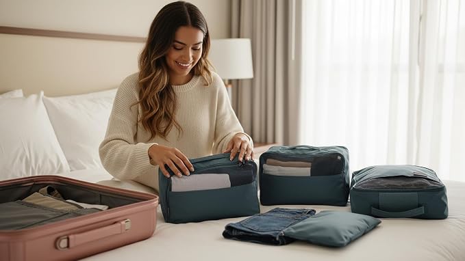 6 Set Travel Packing Cubes, Water-Repellent Nylon Luggage Organizer Bags for Suitcase, Carry-on, Home Storage, Lightweight and Durable (6, Blue, Sollid) - Image 5