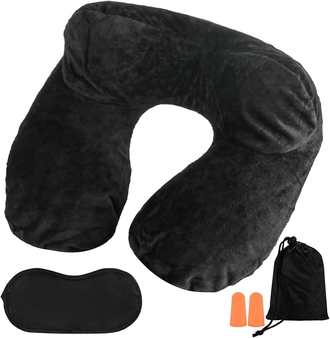 Inflatable Travel Neck Pillow Air Filled Airplane Sleep Support Black | Eye Mask Earplug Set Portable Comfort Travel Accessory Kit by XhjzgcTech