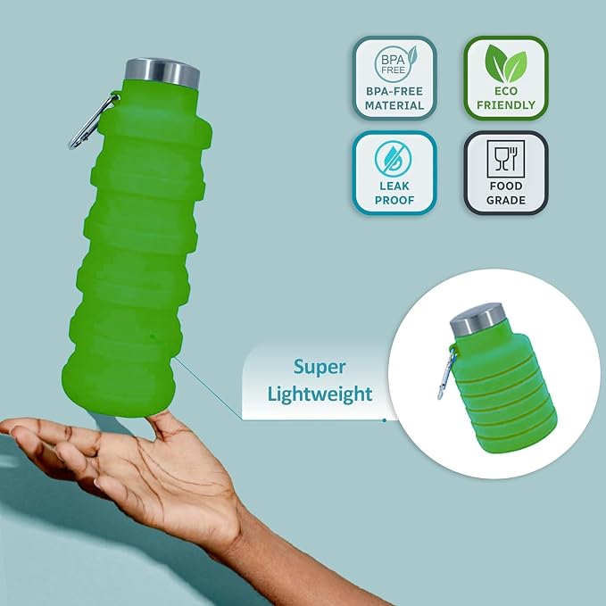 Collapsible Water Bottles 17oz, Odorless BPA-Free Silicone, Leak-Proof Foldable Reusable Bottle - Perfect for Travel Sports Gym Hiking Camping Cycling - Green - Image 5