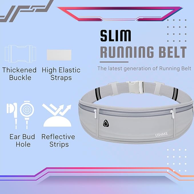 USHAKE Slim Running Belt, Workout Fanny Pack for Men Women,Exercise Waist Pack for Apple iPhone Holder, Runner Belt for Running Walking Cycling Camping Gym Light Grey - Image 3