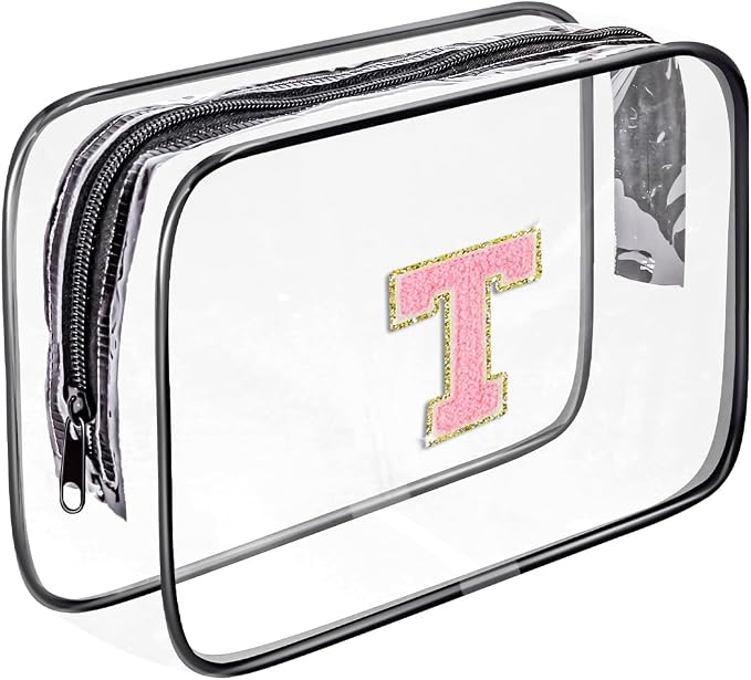 Clear Toiletry Bag,Portable Travel Toiletry Bag,Chenille Letter Cosmetic Bag with Zipper,Waterproof Makeup Bag,Cosmetic Storage Organizer for Women Men,Travel Essentials (Black,T) by Fodofodo
