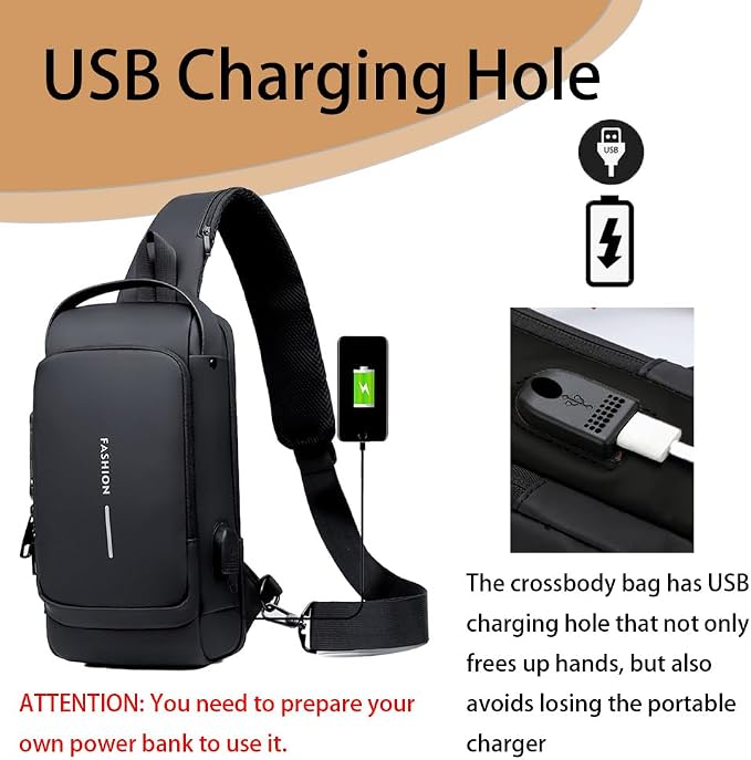 Travel Sling Bag Waterproof Crossbody Bag with Combination Lock Anti-Theft PU Leather Chest Bag with USB Charging Hole Shoulder Backpack Motorcycle Bags Black - Image 5