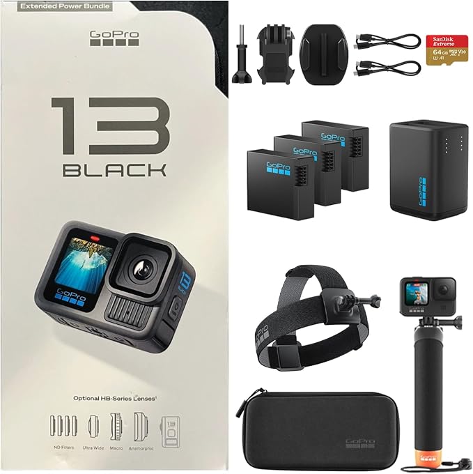 GoPro HERO13 Black Camera with 3 Enduro Batteries | Waterproof 5.3K60 Action Camera with Dual-Battery Charger & SanDisk 64GB Extreme SD Card | Head Strap 2.0 and Handler Floating Handgrip, Bundle Kit by Unknown