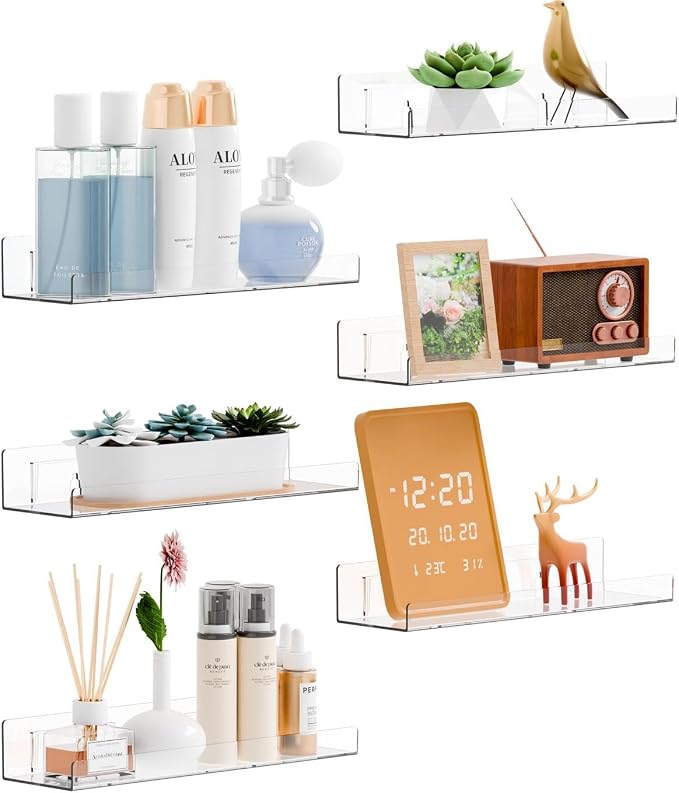 6 Pack Acrylic Shelves for Wall Storage- No Drilling Adhesive Shelves - Clear Stick On Bathroom Wall Shelf Organizers,Plastic Floating Shelves for Perfume,Funko,Lego,Skincare,Bookshelf for Kids by Yieach