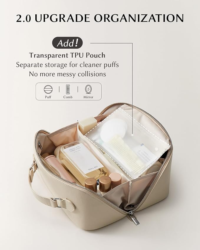EACHY Travel Makeup Bag for Women, Provence Cosmetic Bag, Beige, Medium | Provence-style organizer with TPU brush holder, extra pockets and wipe-clean exterior for makeup and travel essentials - Image 3