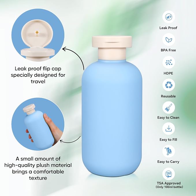 DEMORA 6.6oz Travel Bottles for Toiletries, Larger Plastic Travel Squeeze Bottles Leak Proof Refillable Toiletry Containers with Flip Caps and Labels for Shampoo Conditioner Lotion (Blue, 4 Pcs) - Image 3