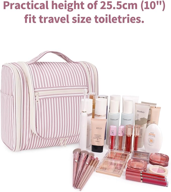 Narwey Striped Hanging Travel Toiletry Bag for Women, Travel Bag for Toiletries, Makeup Bag Organizer Cosmetic Bags Make Up Bags for Women (Dusty Rose Stripe) - Image 4