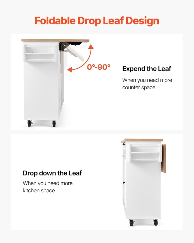 VEVOR Kitchen Island Cart with Storage, 60in Wide Mobile Kitchen Cart with Wheels, Drop Leaf, 2 Drawers, Trash Can Cabinet, Knife Holder, Spice Rack, and Towel Rack, Table for Dining Room, Pantry - Image 4