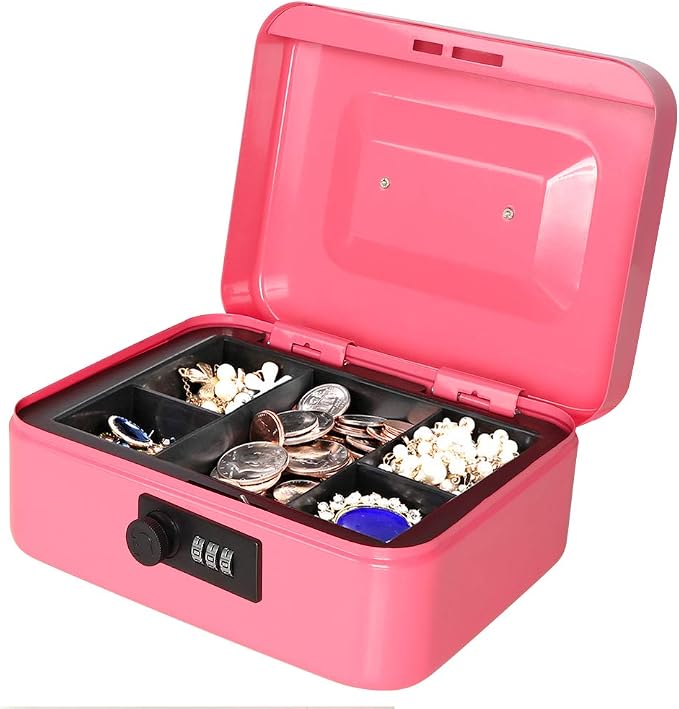 Jssmst Medium Cash Box with Combination Lock - Durable Metal Cash Box with Money Tray Pink,7.87 x 6.3 x 3.35 inches,CB0704M - Image 4