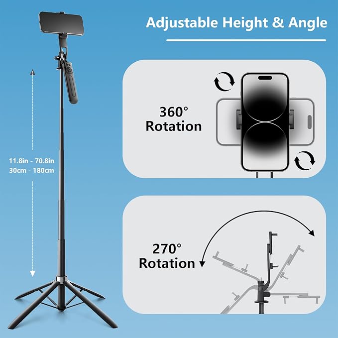 Phone Tripod with Remote: Selfie Stick for iPhone Android | 71" extendable tripod with remote, 360° rotation and stable quad base for selfies, video recording and travel - Image 2