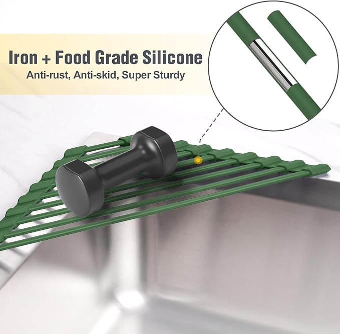 Tomorotec Roll Up Dish Drying Rack with Silicone Coating, Army Green | 304 Stainless Steel with BPA-Free Silicone, Triangle Design Maximizes Sink Corner Space, Fits Compact Kitchens And RVs - Image 3