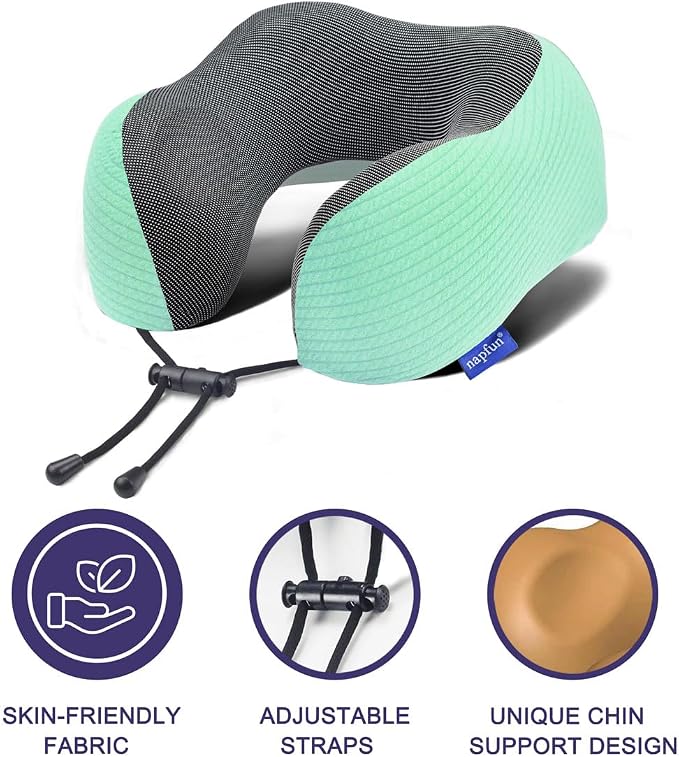napfun Neck Pillow for Travel with Travel Pouch, Sleep Mask & Earplugs, Memory Foam Airplane Pillow for Headrest Sleep with Eyeshades, Plane Essentials with Eye Blindfold, Turquoise Striped Kit - Image 6