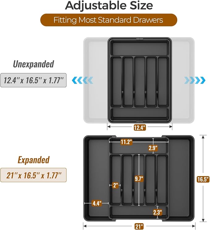 ukeetap Extra Large Expandable Silverware Organizer, Flatware Tray, Black | BPA-Free Food-Safe Kitchen Utensil Cutlery Drawer Organizer, Adjustable Silverware Holder for Spoons Forks Knives - Image 3