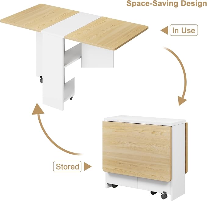 IDEALHOUSE FoldingTable, Drop Leaf Dining Table with 6 Wheels and 2-Layer Storage Shelf, Space Saving Table for Small Spaces (Natural Wood, 47.2" D x 23.6" W x 29.5" H) - Image 6