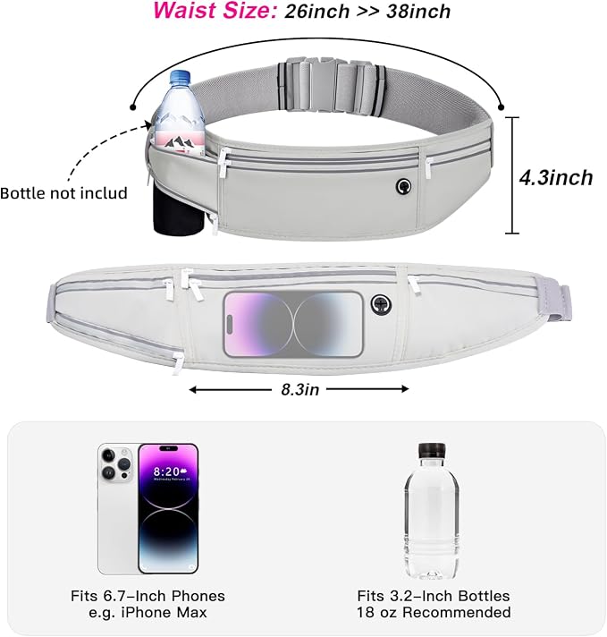 Slim Running Belt for Women Men,Runners Fanny Pack Phone Holder,Money Belt,Running Gear Accessories,with 3 Pockets (Gray) - Image 8