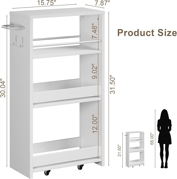 ChooChoo 4-Tier Bathroom Storage Cart, 7.87 inches Wide Narrow Storage Cabinet with 360° Wheels and 2 Hooks, Laundry Room Storage Organizer for Kitchen, Narrow Places, Living Room, White - Image 2