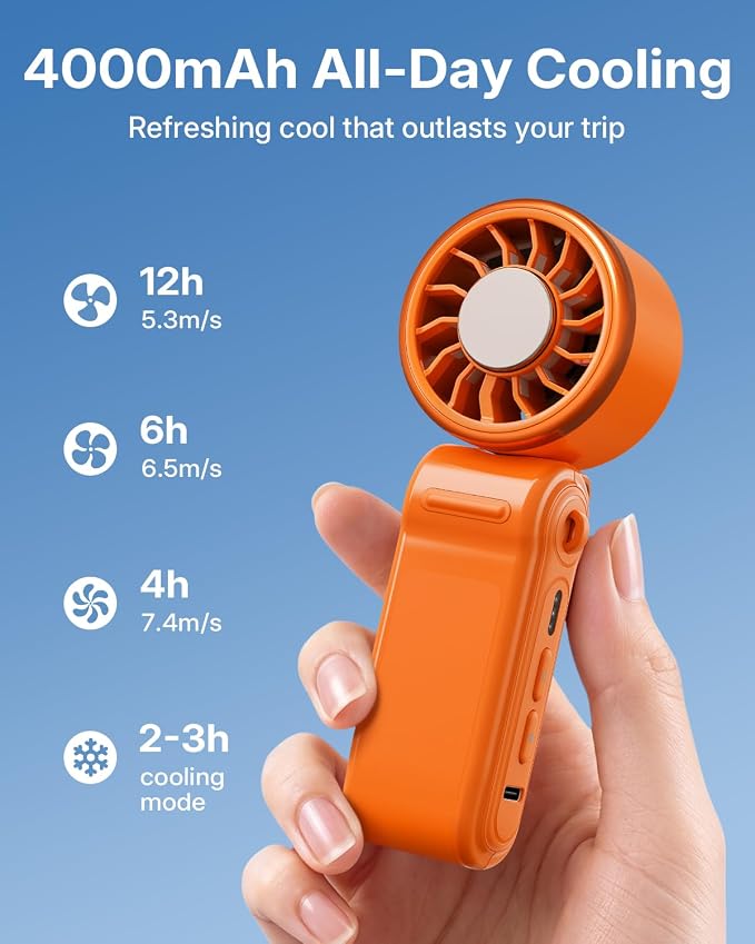 SWEETFULL Mini Portable Handheld Fan with Ice Cooling, 4000mAh Pocket Turbo Fan Rechargeable, 3 Speed, Lightweight Foldable Personal Hand Fan for Travel, Beach Vacation, Women Girls (Orange) - Image 4