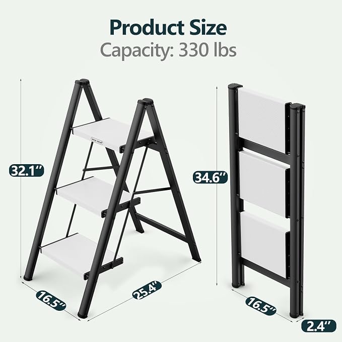 3 Step Ladder, Foldable Step Stool, 300lbs Load, Black & White | Folded 35''H x 3''T; Net 9.9 lbs; Rigid Aluminum Steps; No Assembly; For Home, Kitchen, Office, Pantry, Closets, Cabinets - Image 5